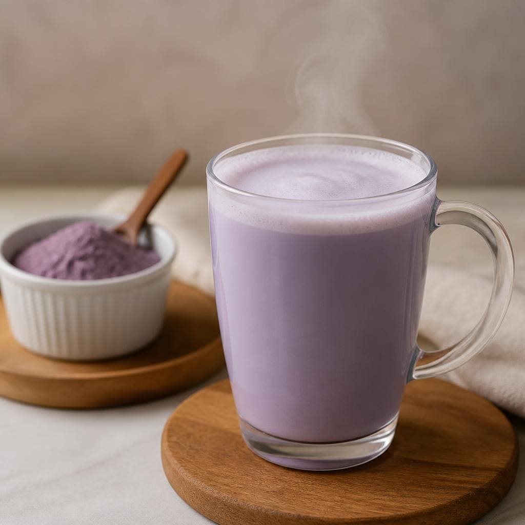 Hot Taro Latte Kopi Ruang Hati dengan taro powder susu dan sirup gula
